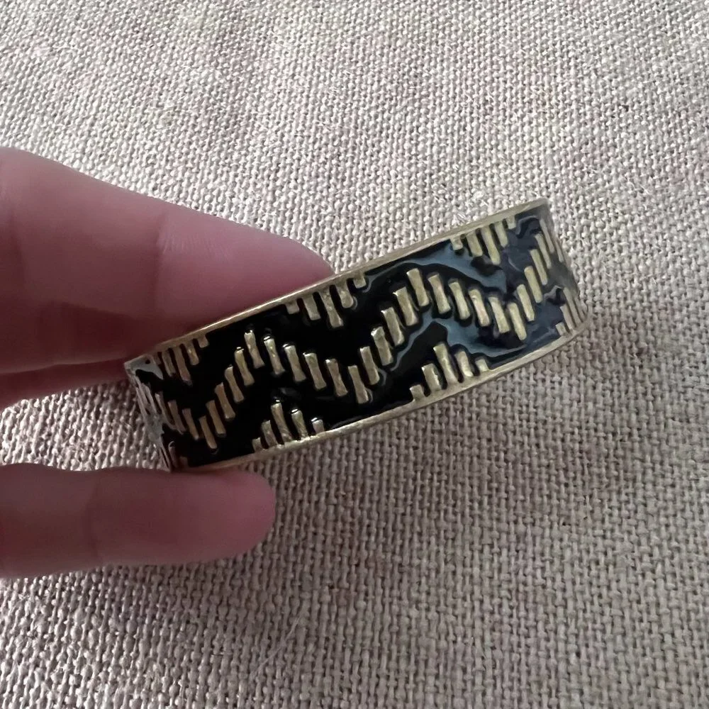 Loft black gold tone open cuff bangle bracelet tribal chevron geometric